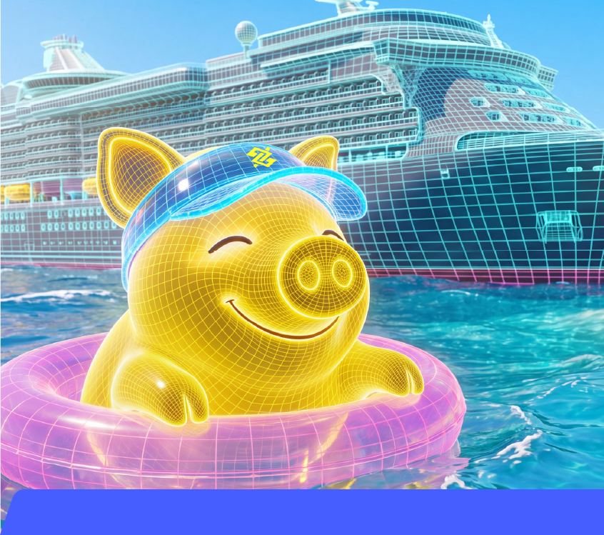 Mascote Cofrinho BB boiando em frente ao navio de cruzeiro